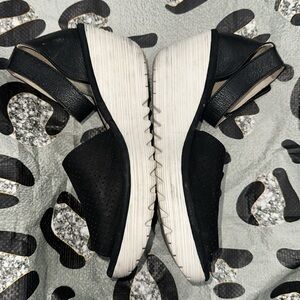 Fly London Mousse Black Leather Criss Cross Open Toe Wedge